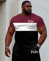 Men's Plus Size Black & Red Colorblock Chest Small Label Printed Short Sleeve T-Shirt Shorts Suit